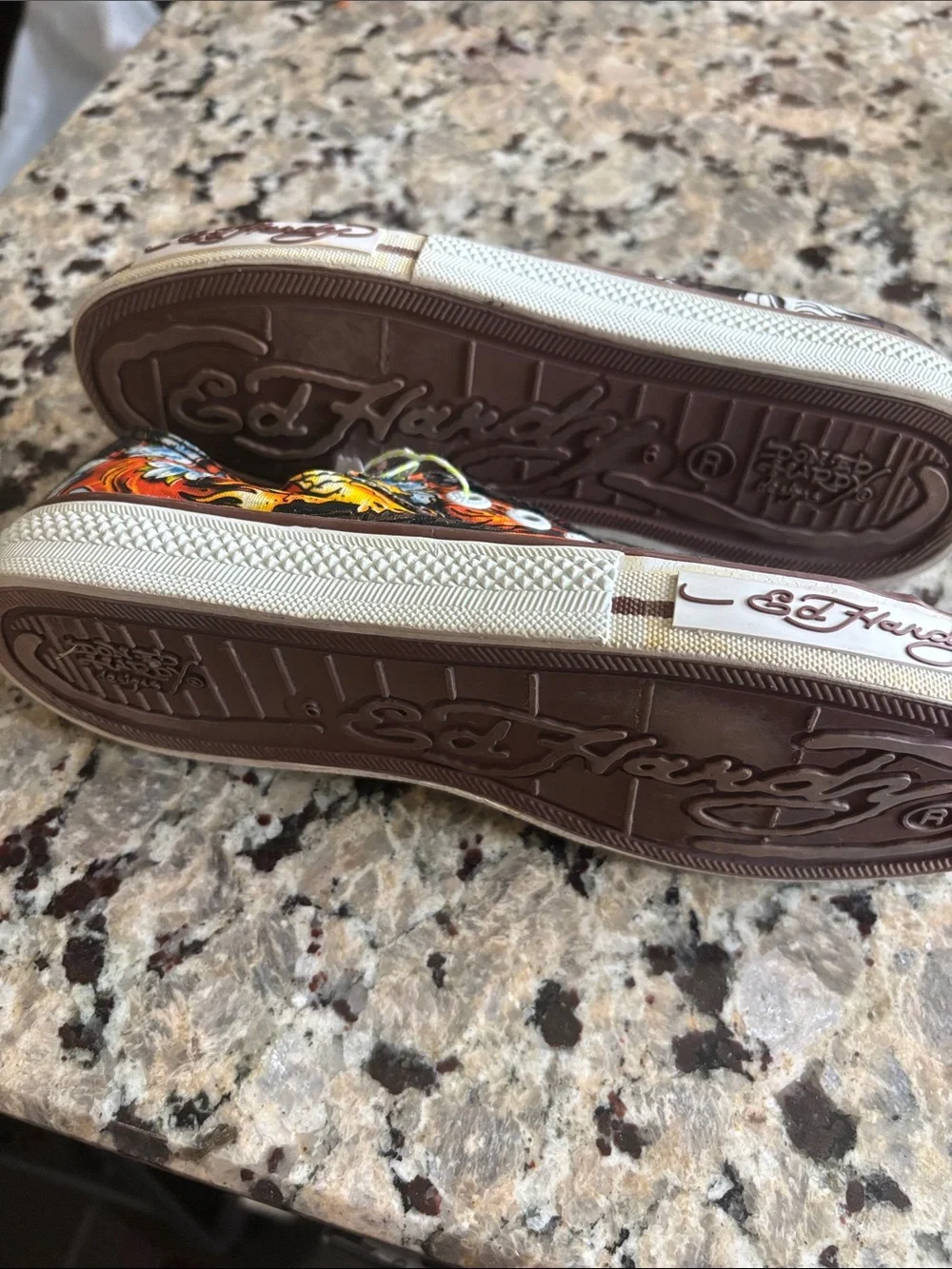 Ed Hardy Brown Slip-On Sneakers with Orange and Blue Skull Art